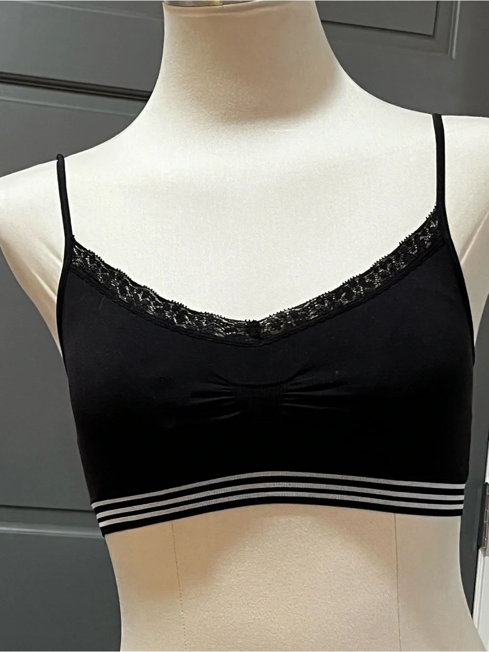 Set of 2 Bralettes Black Lace-Trim with Striped Band and Solid Grey